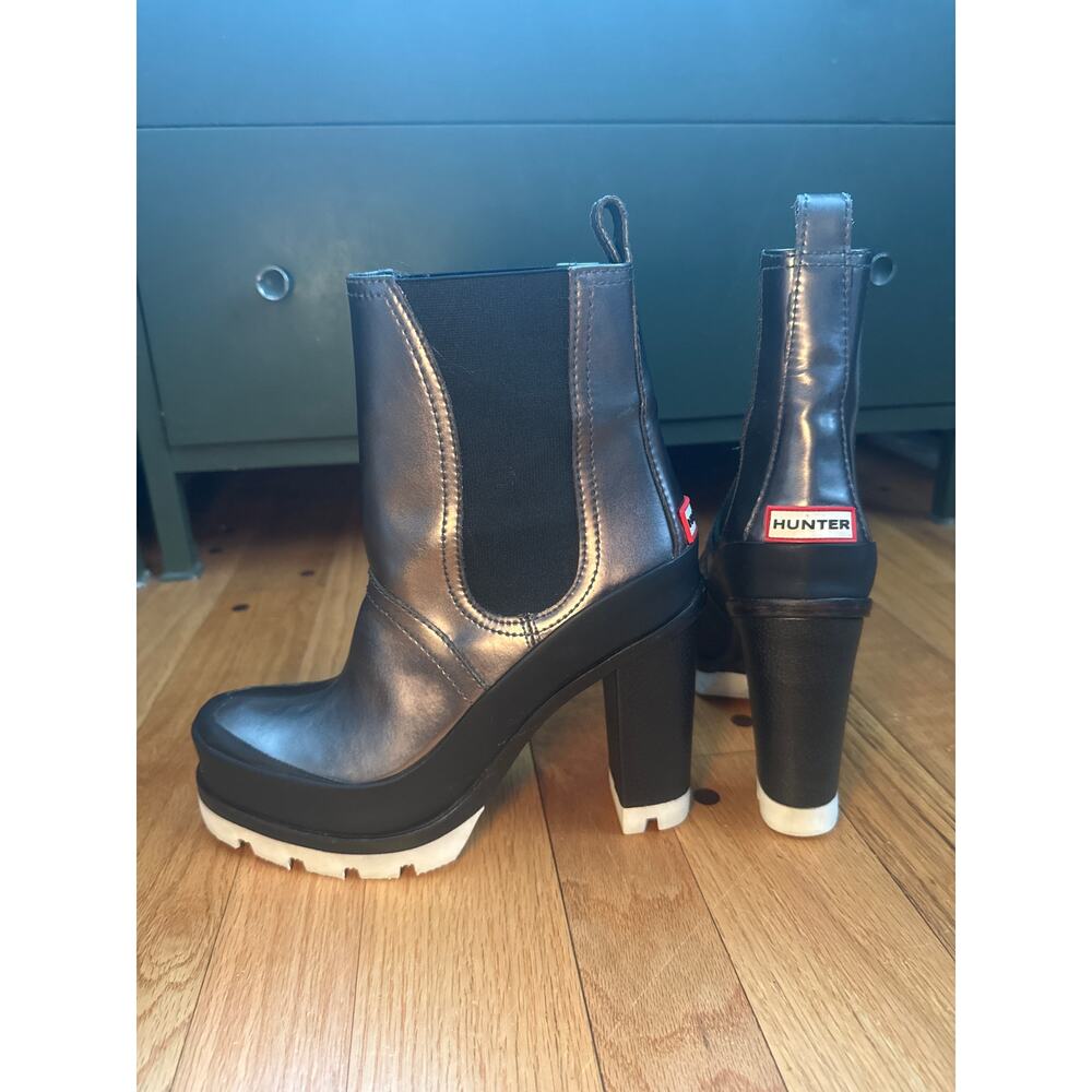 Hunter Original Chunky Block High Heel Chelsea Rain Boot Silver Black UK 8